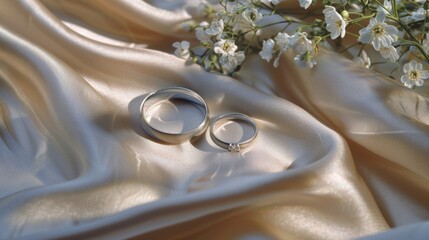 Two wedding rings placed on a white cloth, suitable for wedding themes - obrazy, fototapety, plakaty