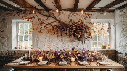   A wooden table, adorned with an array of purple and yellow blossoms, stands beside a flower-bedecked wall A wreath of blooms hangs from