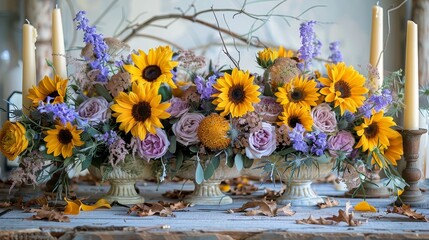   A sunflower bouquet and additional flowers in a vase on a table, adorned with candles and scattered dried leaves