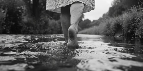 Black and white photo of a person walking in water, suitable for various projects - obrazy, fototapety, plakaty