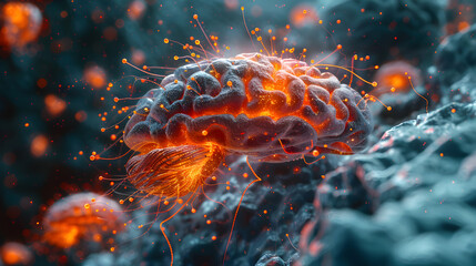 Neuron synapse and nerves in brain. - obrazy, fototapety, plakaty