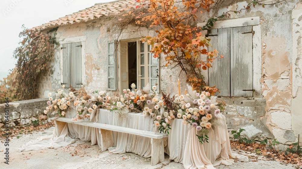 Poster a long table, adorned with flowers, sits in front of a building featuring shutters and an open windo