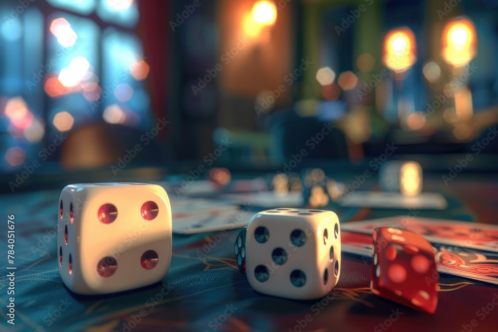 Poster two dice and playing cards on a table, suitable for gambling or game night concepts