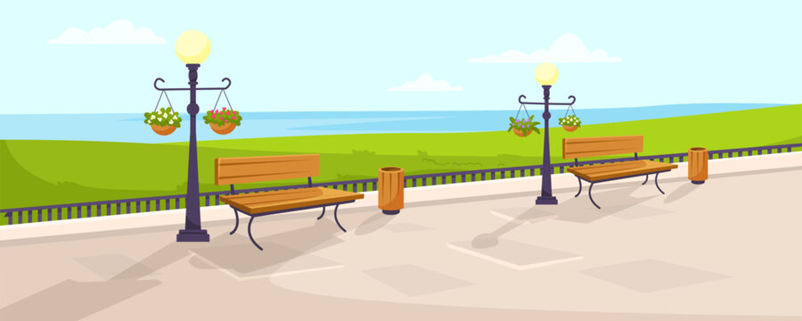 A peaceful park scene with benches, a lamp post with hanging flower baskets, and a view of the ocean, vector illustration on a sunny day. Vector illustration