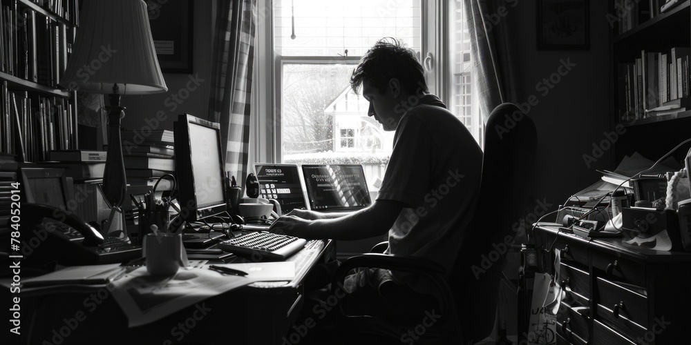 Poster A man sitting at a desk in front of a computer. Suitable for business and technology concepts