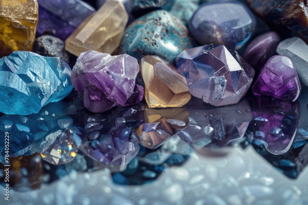 Poster Various colored crystals displayed on a table. Suitable for various themes and concepts