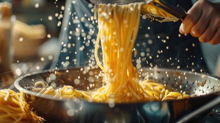 A person adding pasta to a frying pan. Ideal for culinary and cooking concepts - Powered by Adobe