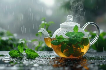 Glass tea pot filled with green leaves, suitable for tea or wellness concept - obrazy, fototapety, plakaty