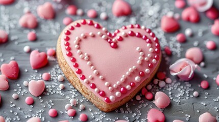 Fototapeta premium A heart shaped cookie surrounded by pink and white hearts. Perfect for Valentine's Day or love themed designs