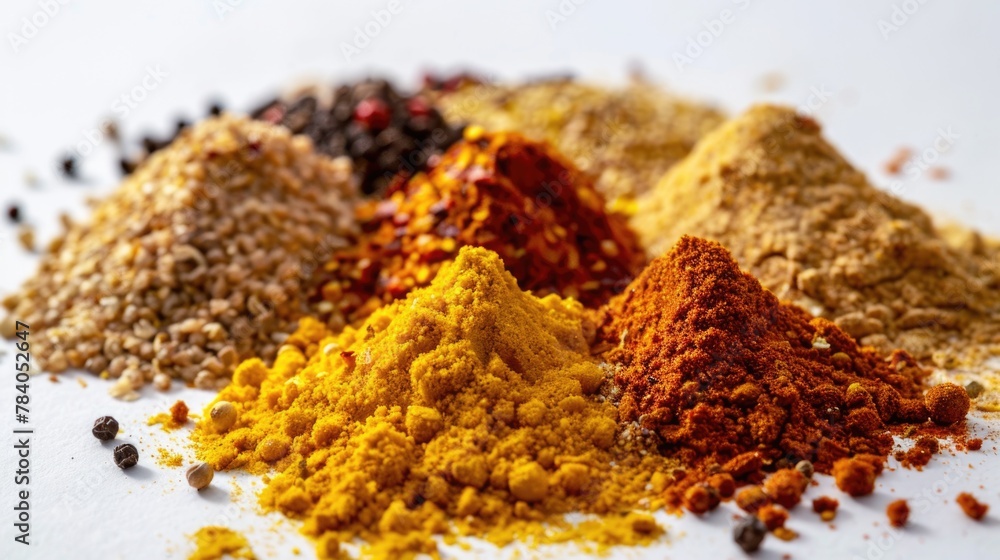 Poster various colored spices arranged on a white background, ideal for culinary projects