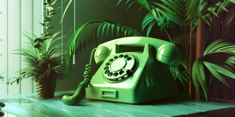 A green telephone on a table, suitable for office or communication concepts