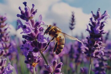 A bee sitting on purple flowers, perfect for nature backgrounds