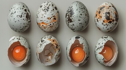   A collection of cracked eggs in an eggshell with an orange egg centrally located - obrazy, fototapety, plakaty