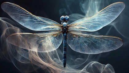 Abstract digital smoke art of a blue dragonfly with dark background. AI generated. - obrazy, fototapety, plakaty
