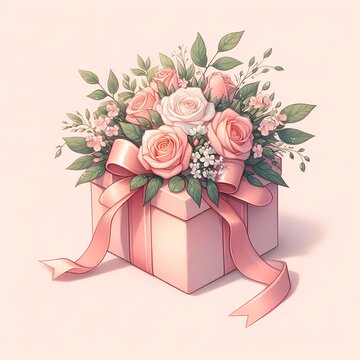 illustration of a wrapped present adorned with a ribbon and a bouquet of roses