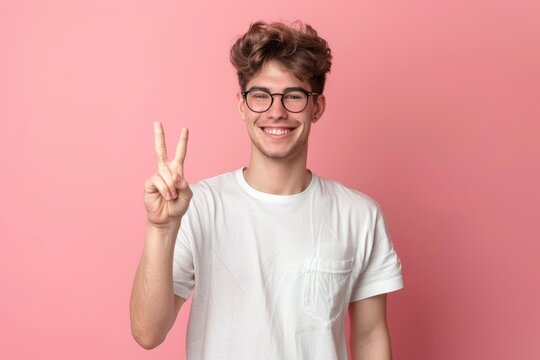 Confident young man with glasses and a white T-shirt making a V-sign with a pink backdrop
