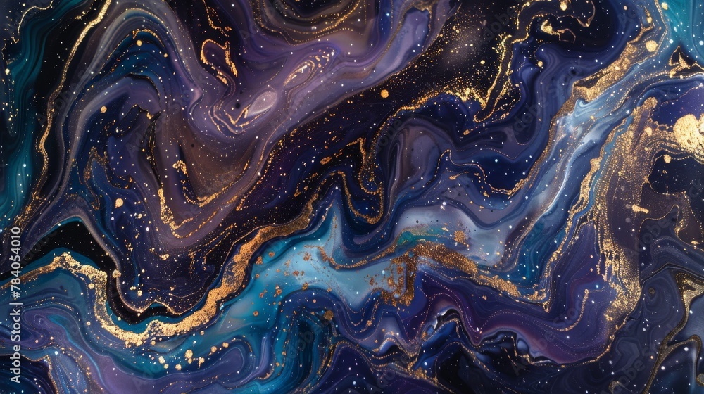 Poster this dynamic image features wavy lines of gold and blue, imitating a luxurious, abstract marble liqu