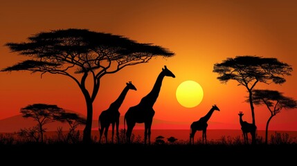   A group of giraffes aligned next to one another, silhouetted against a sunset backdrop with the setting sun behind