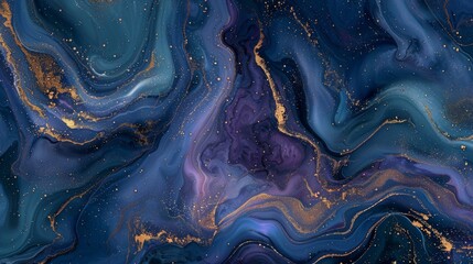 This image features dynamic waves of blue with golden veins, depicting an elegant and modern...