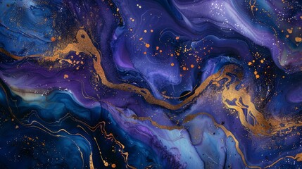 Rich purples and stunning gold speckles dominate this abstract fluid art, evoking a sense of luxury...