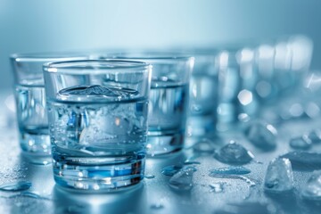 Crystal Clear Water Glasses with Ice Cubes, Hydration Concept