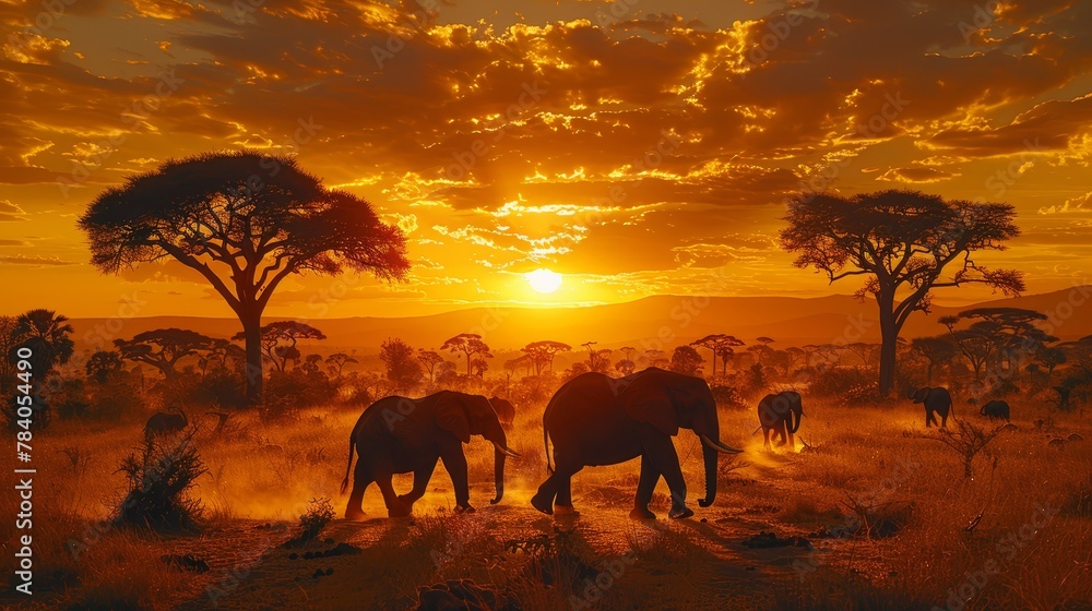 Poster a herd of elephants atop a grass-covered field, beneath an orange-yellow clouded sky