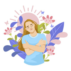 An illustrated woman hugging herself, surrounded by flowers and leaves against a pastel background, conveying self-love. Vector illustration