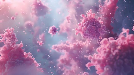 Close-up of Vibrant Pink Viral Particles in a Microscopic View with Dynamic Backdrop