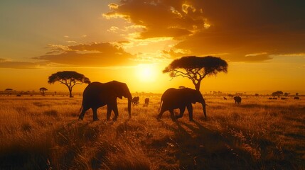   A herd of elephants traverses a dry grassland, surrounded by a cloud-studded sky as the sun sets in the distance