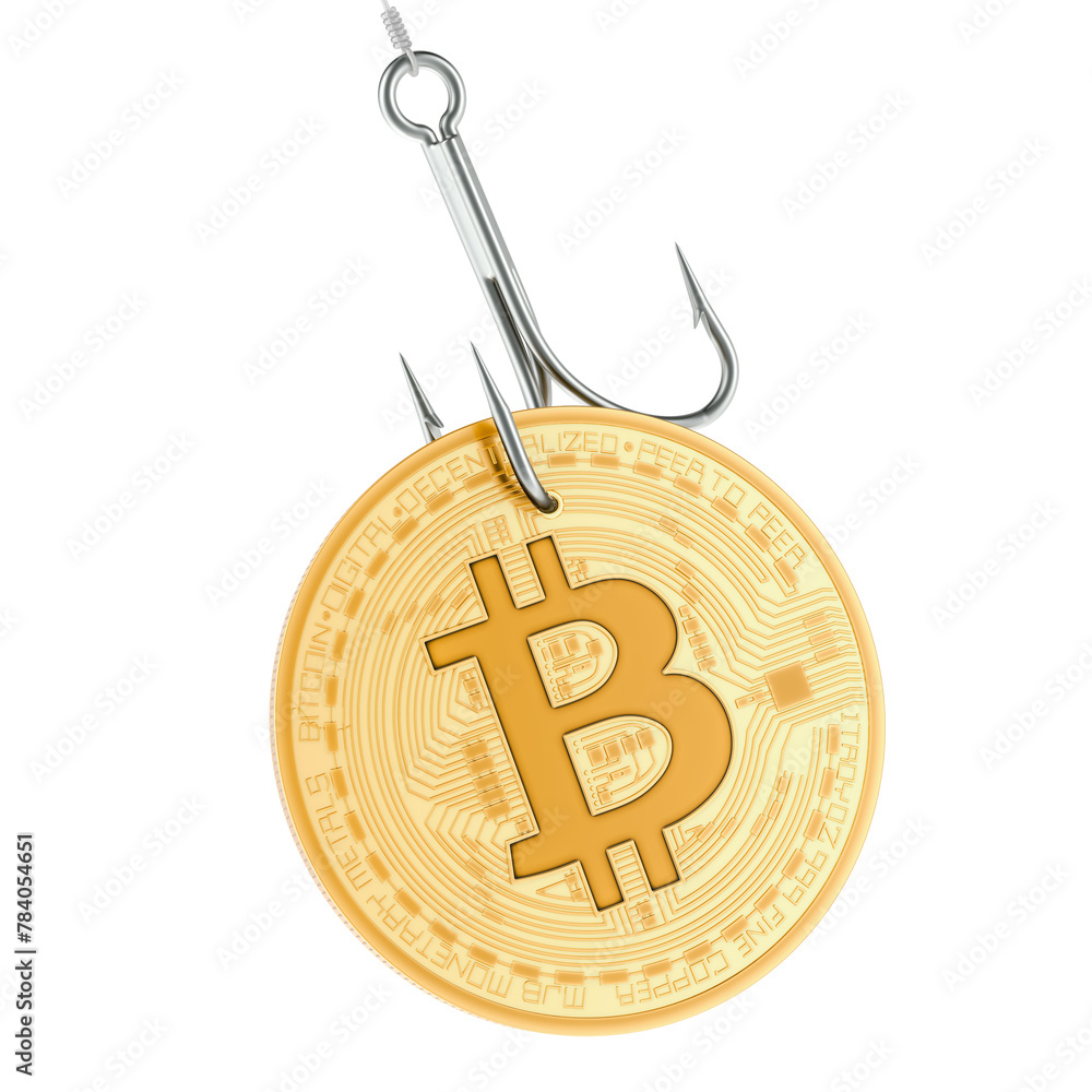 Poster bitcoin on the hook. phishing concept. 3d rendering isolated on transparent background