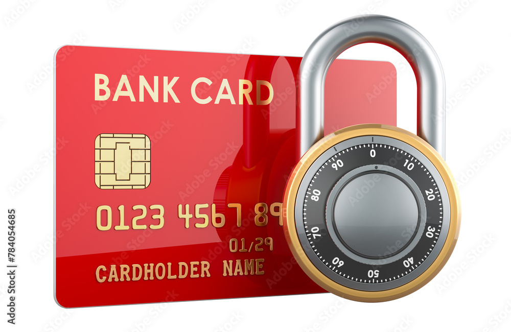 Poster credit bank card with padlock, security payment concept. 3d rendering isolated on transparent backgr