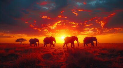   A herd of elephants atop a grassy field, beneath a cloud-studded sky, as the sun sets - obrazy, fototapety, plakaty