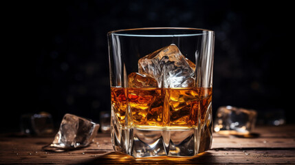 Cognac glass on the table. Tasting advertisement. Blurred dark background.