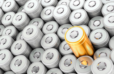Background from silver AA batteries and one golden battery, 3D rendering - 784054627