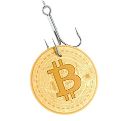 Bitcoin on the hook. Phishing concept. 3D rendering isolated on transparent background - 784054651