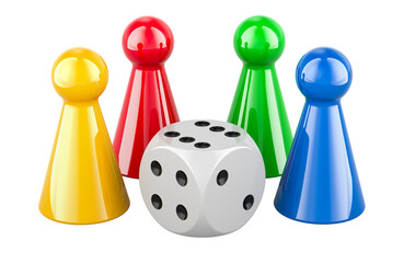 Colored board game pieces with dice, 3D rendering isolated on transparent background - 784054662