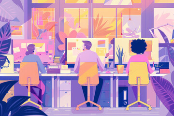 Diverse Team Collaborating in Bright, Plant-Filled Office