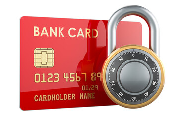 Credit bank card with padlock, security payment concept. 3D rendering isolated on transparent background - 784054685