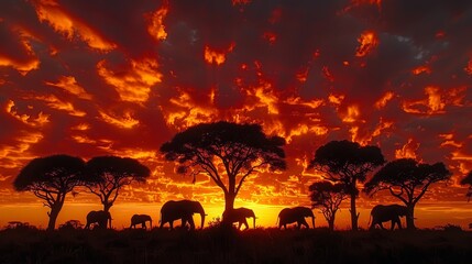 Fototapeta na wymiar A herd of elephants traverses a verdant field as a red and yellow sun sets, scattering clouds above