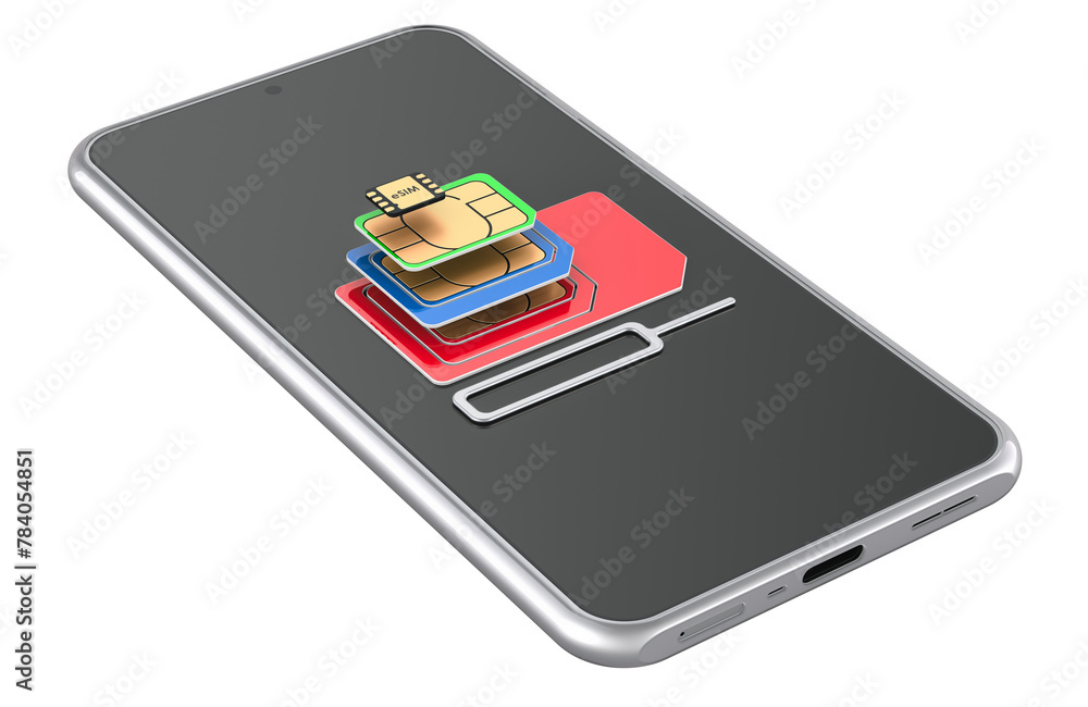 Poster set sim-cards with smartphone, 3d rendering isolated on transparent background