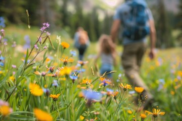 A detailed close-up of vivid wildflowers with an out-of-focus family enjoying their walk in the background