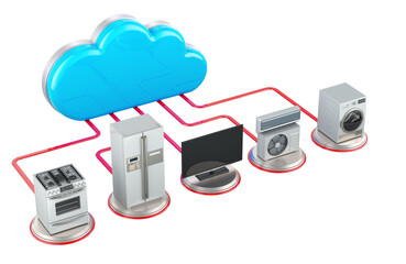 Server communication with kitchen and domestic appliance. Computer cloud with household equipment. 3D rendering isolated on transparent background - 784054835