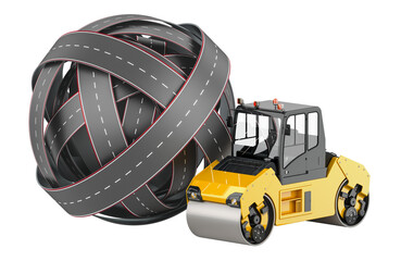 Road roller with toll road. Road Maintenance, concept. 3D rendering isolated on transparent background - 784054840