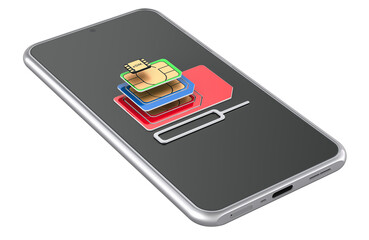 Set SIM-cards with smartphone, 3D rendering isolated on transparent background - 784054851