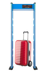 Security checkpoint with metal detector gate and suitcase, 3D rendering isolated on transparent background - 784054857