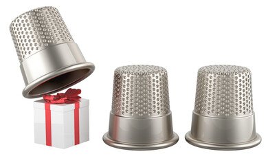 Thimbles with gift box, 3D rendering isolated on transparent background - 784054866