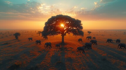   A herd of elephants grazes in a sunlit, dried grass field, sheltered by a solitary tree Sunbeams filter through clouded background - obrazy, fototapety, plakaty