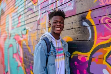 Smiling adolescent male in stylish clothing posing against a multicolored graffiti background