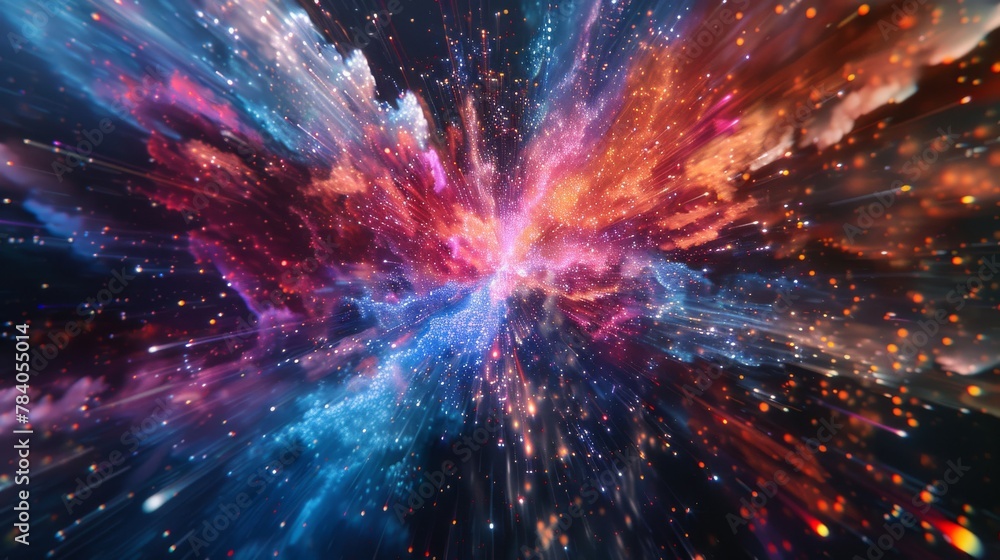 Poster a vivid, abstract depiction of a cosmic explosion, showcasing a burst of colors and glittering light