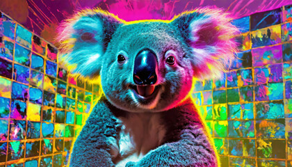 Vibrant and colorful illustration of a smiling koala bear standing in front of a colorful wall of photographs. AI generated wallpaper.
